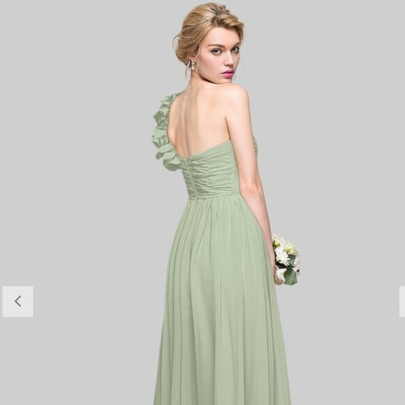 A-line One Shoulder Floor-Length Chiffon Bridesmaid Dress With 3D Floral Ruffle - Picture 2 of 3